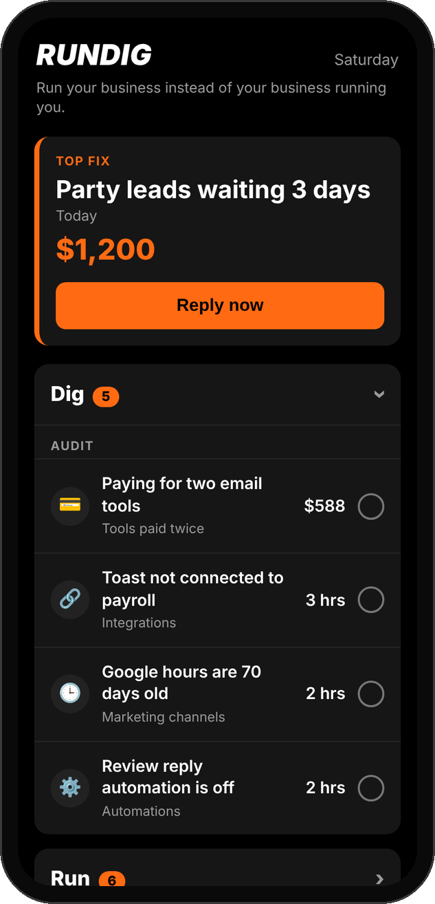 RunDig app showing the top fix and a short list of more fixes